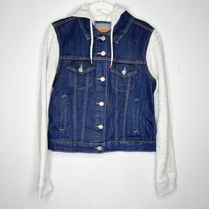 Boys Levi's Denim Jacket With Sweatshirt Sleeves And Hood Size Medium